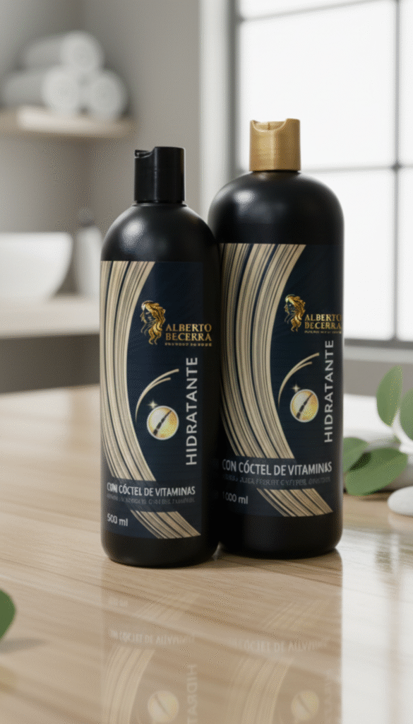 Botella de shampoo hidratante con vitaminas de Alberto Becerra